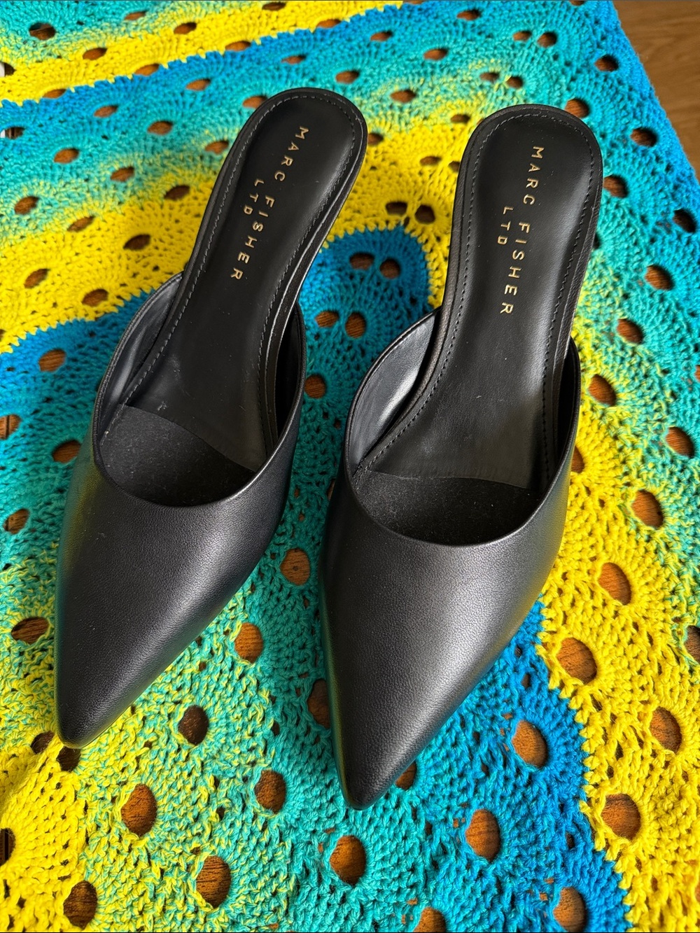 Marc Fisher Black Pointed-Toe Slip-On Mules